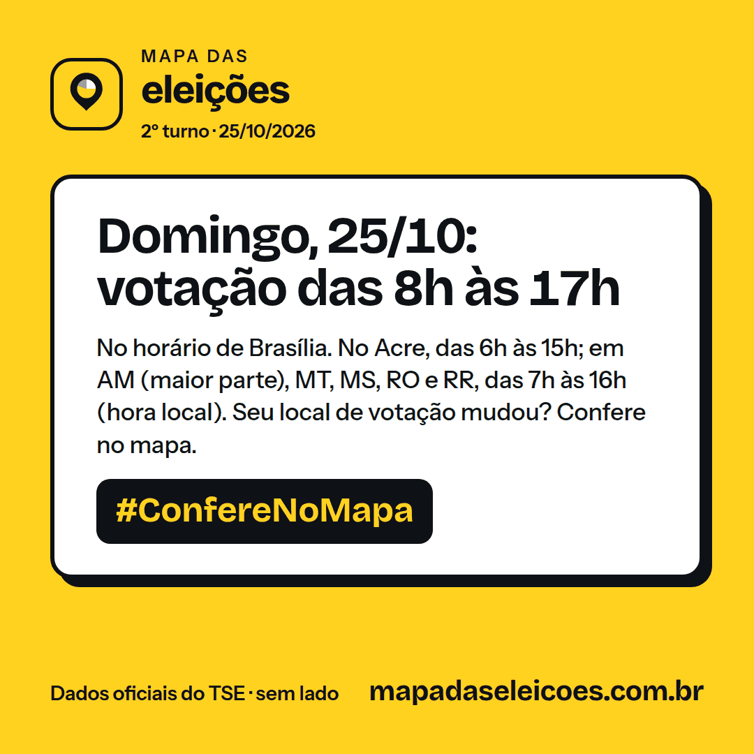 Arte: votação das 8h às 17h, horário de Brasília